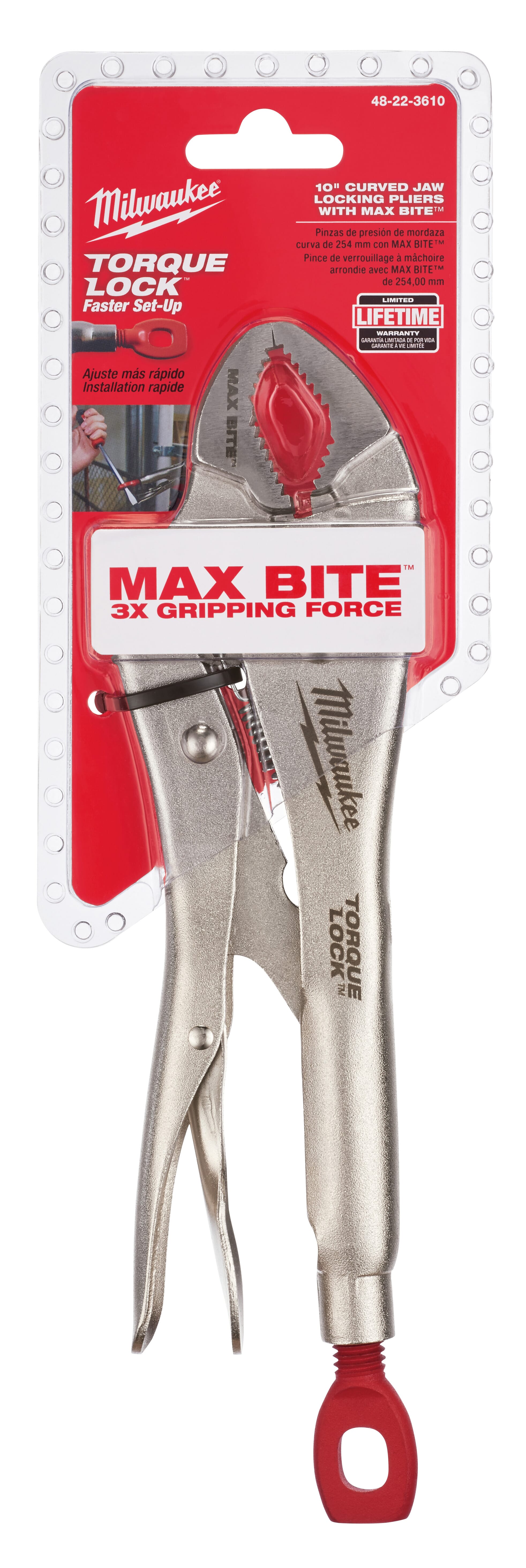 Milwaukee® TORQUE LOCK™ MAXBITE™ 48-22-3610 1-Handed Lever Standard Locking Plier, 1-7/8 in Nominal, 1-1/2 in L x 19/32 in W x 19/32 in THK Alloy Steel Curved Jaw, 10 in OAL, ASME Specified